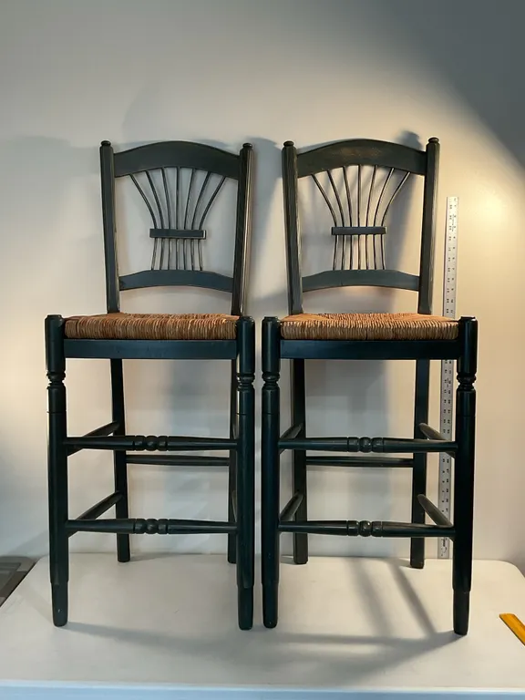 Pair of Tall Black Wood Bar Stools with Woven Rush Seats
