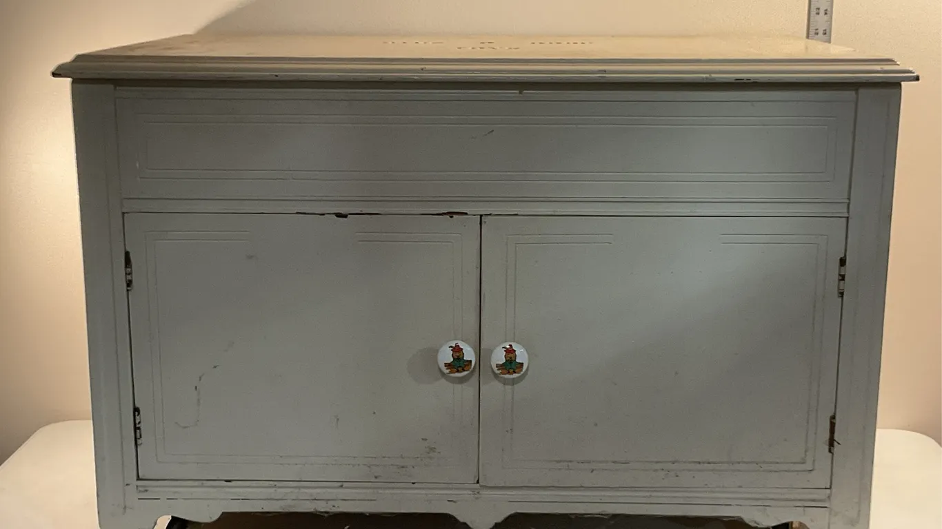 Vintage Painted Wood Child’s Storage Cabinet / Toy Chest on Casters