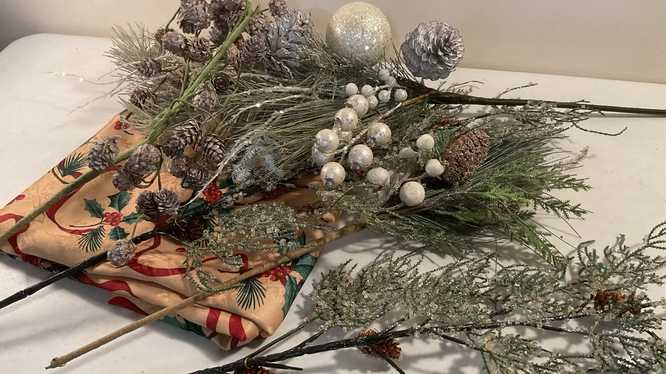 Christmas Tablecloth & Frosted Winter Floral Picks