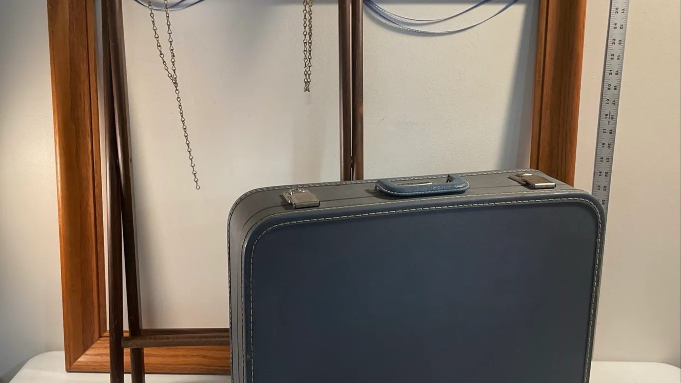 Vintage Travel Smart Blue Suitcase, Folding Luggage Rack & Wood Frame