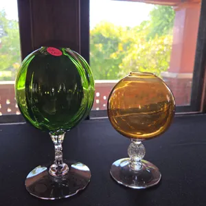 2- Footed Ivy Ball vases green chip on foot gold