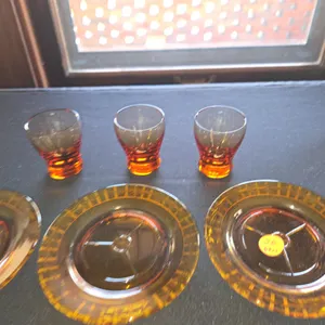 3- elegant cut amber coasters & 3 amber shot glasses