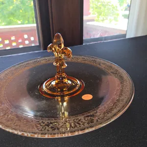 Fostoria center handle serving tray decorated