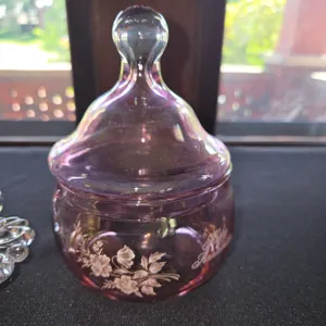 New martinsville platter "Janice" 25th anniversary & happy anniversary covered jar- ponk 2 pcs