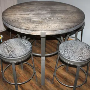 Round Wood and Metal Table with Four Swivel Top Stools