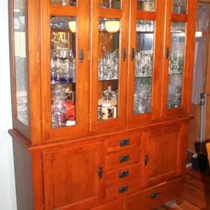 Two Piece Wood and Glass China Cabinet with Contents