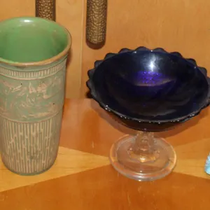 Red Wing Vase, Stoneware Jar, Glass Dishes, Figurine, and Telescope