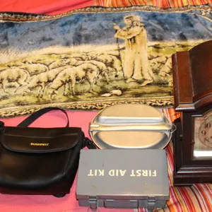 Bushnell Binoculars, Mantel Clock, Religious Tapestry, First Aid Kit Box