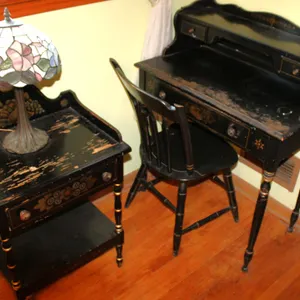 Black Painted Wood Desk With Chair, Side Table, and Stained Glass Table Lamp
