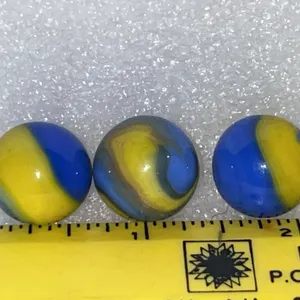 3 Vintage Blue/Yellow Corkscrew Marbles Glow Orange
