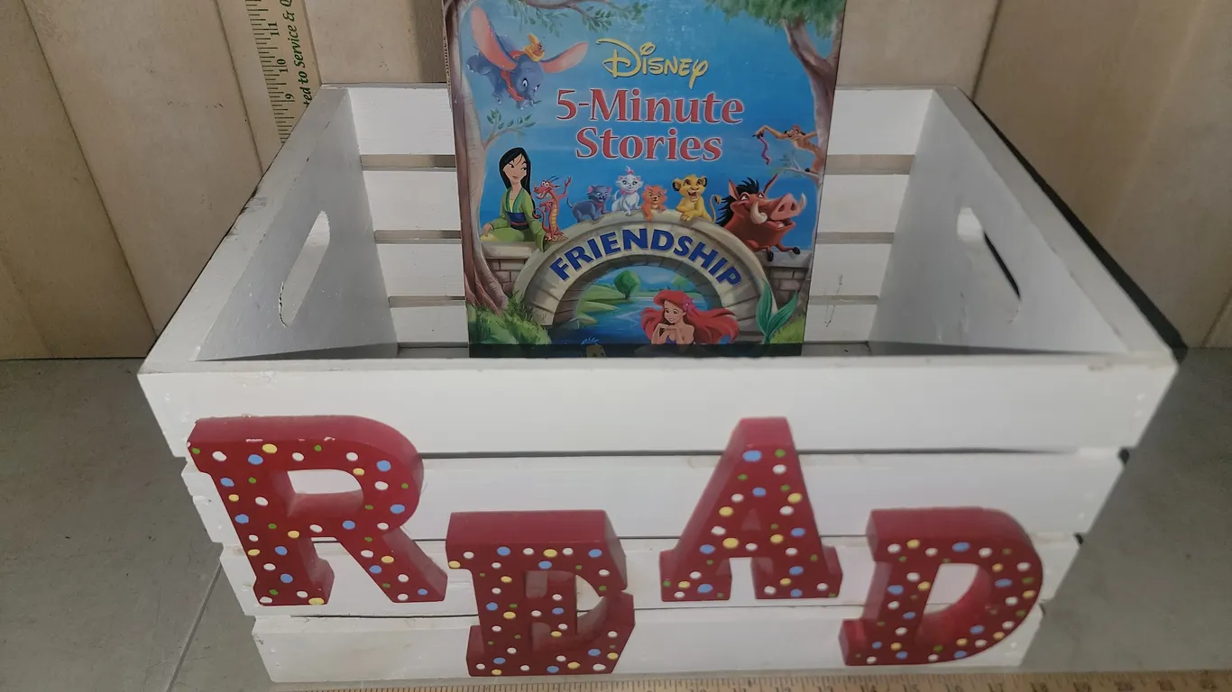 Wood Crate "Read" 18"X13"X8.5" & Disney 5 Minute Story Book