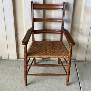 Vintage Cane Bottom Ladder Back Wooden Chair 23"X22"X37" Vintage L Bracket Repair On Arms