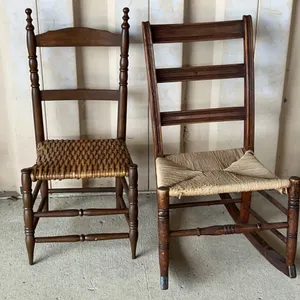 Vintage Child Size Wood Ladder Back Chair & Rocker, Both Have Side Is Damaged, Chair 15.5"X14"X32" &