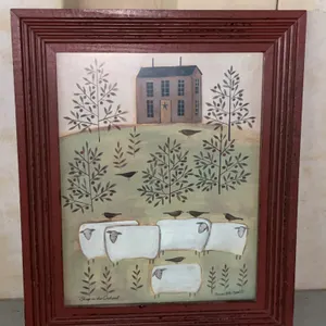 "Sheep In The Orchard" By Bernadette Mood Folk Art Sheep Print 14.75"X17.75"