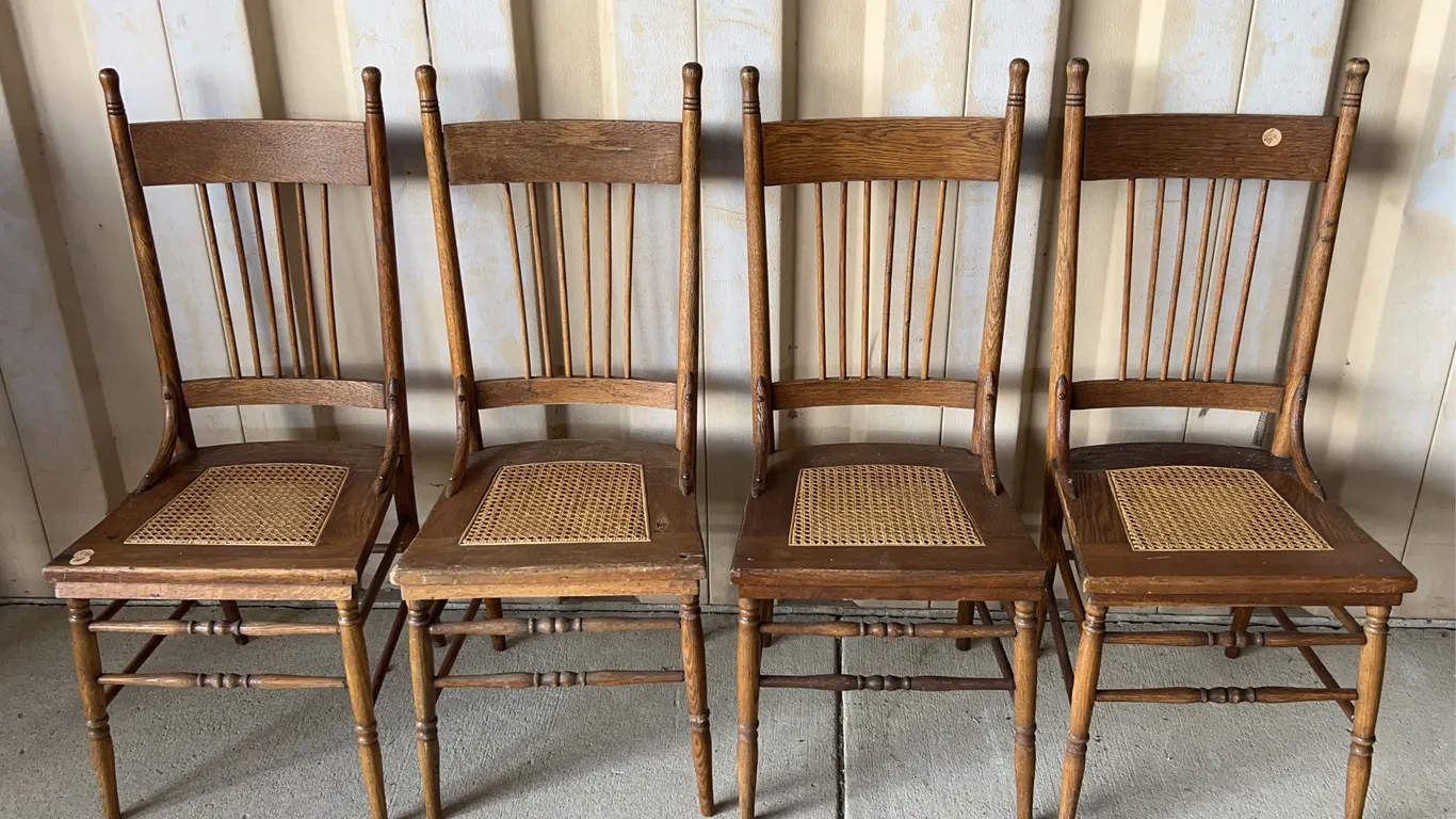 4 Vintage/Antique Cane Bottom Spindle Back Chairs 17"X17"X40.5", Seat 17.5" High