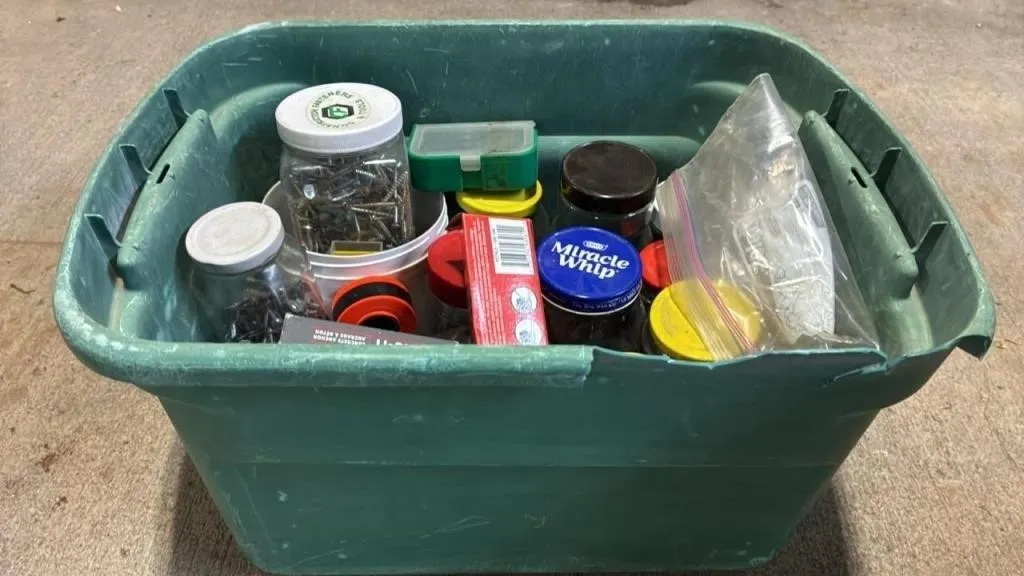 Tote of Asst. Shop Items. Bits, Fasteners, and