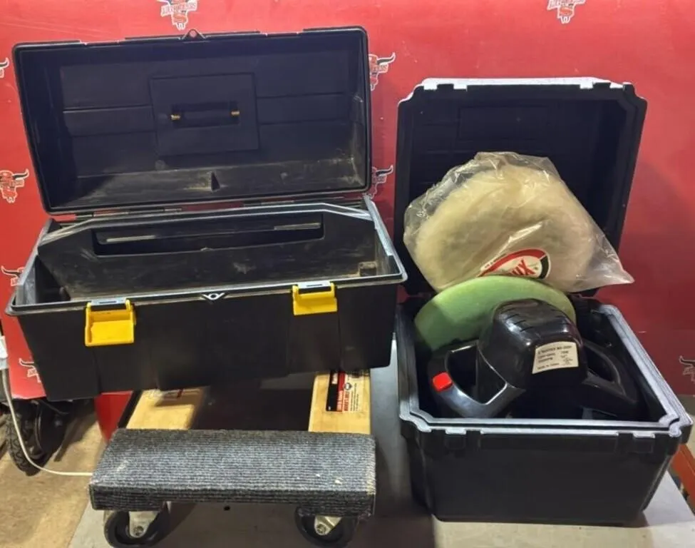 Buffer, Moving Dolly & Plastic Toolbox.