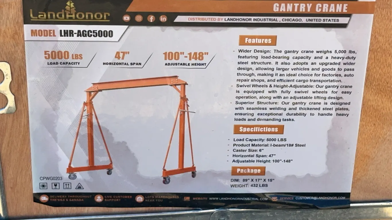 Landhonor 5000 LBS. Gantry Crane Unused