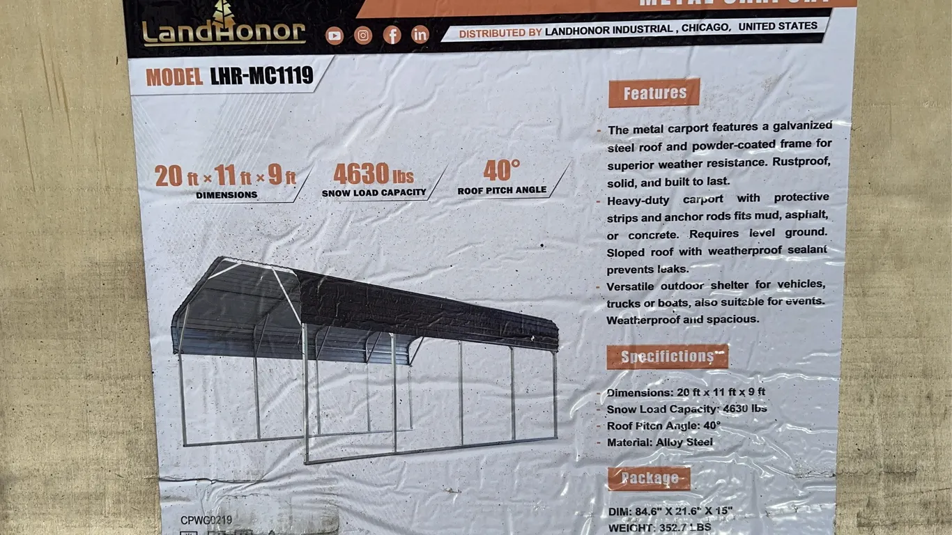 Landhonor 20 x 11 x 9 FT. Metal Carport Unused