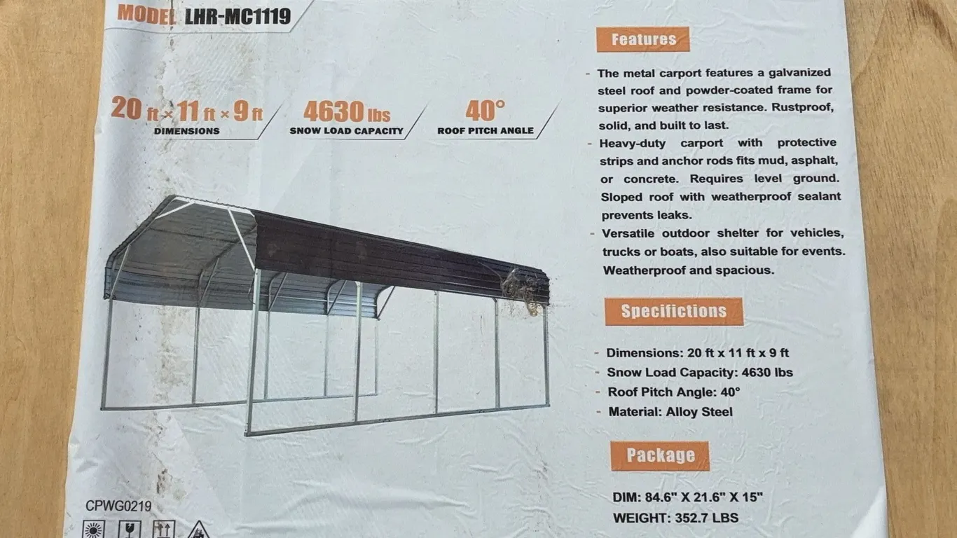 Landhonor 20x11x9 FT. Metal Carport Unused