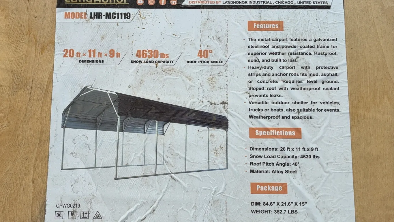 Landhonor 20x11x9 FT. Metal Carport Unused