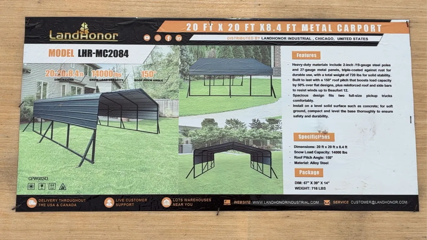 Landhonor 20x20x8.4 FT. Metal Carport Unused