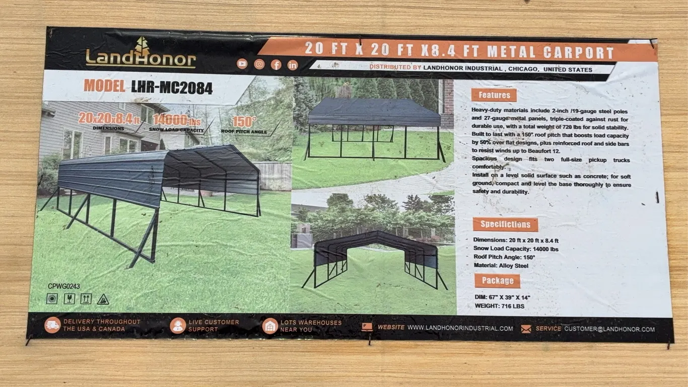 Landhonor 20x20x8.4 FT. Metal Carport Unused