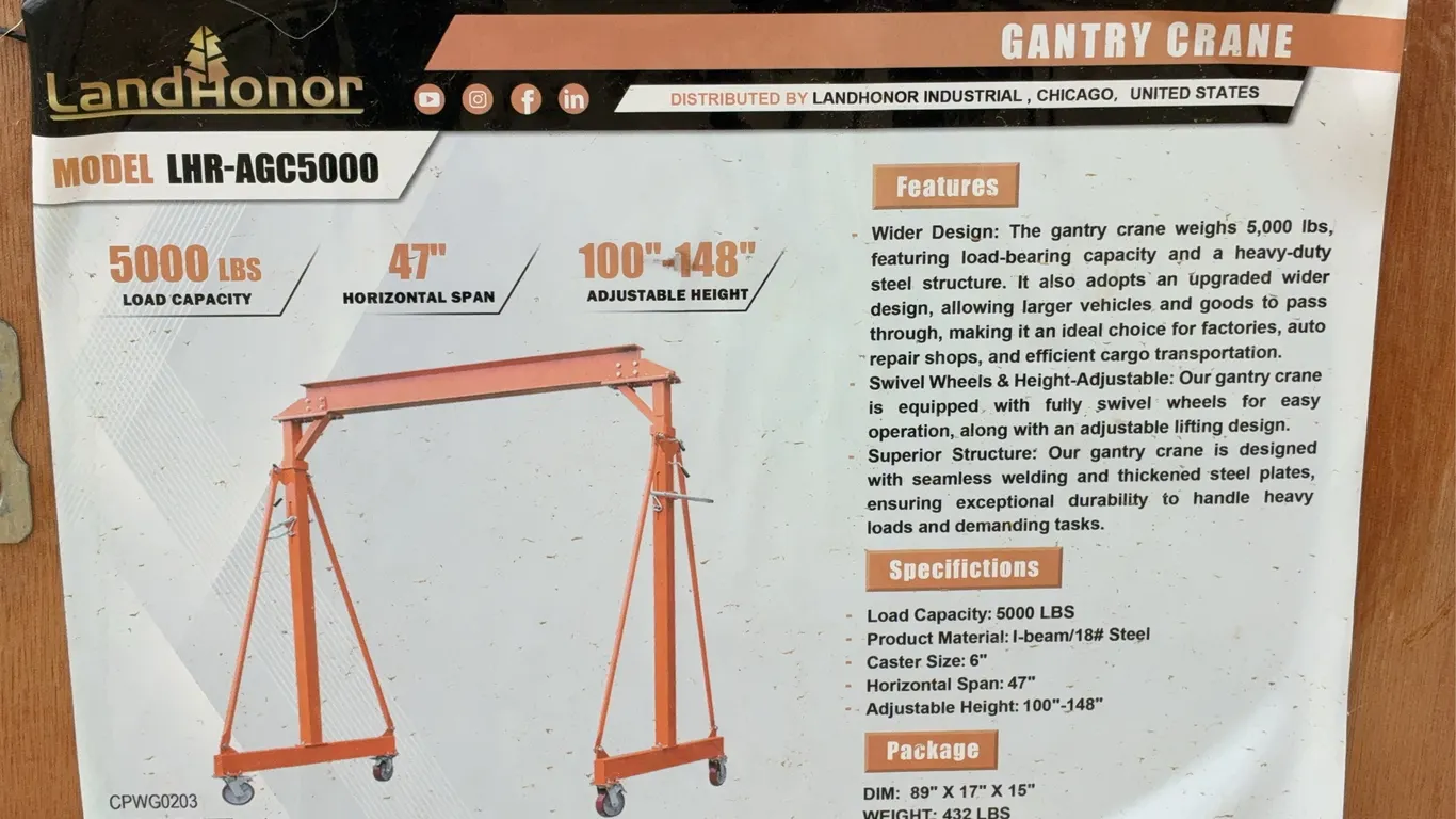 Landhonor 5000 LBS. Gantry Crane Unused