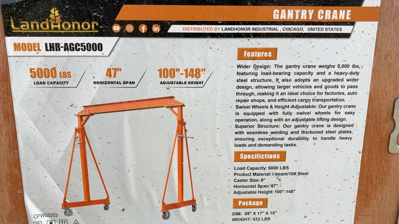 Landhonor 5000 LBS. Gantry Crane Unused