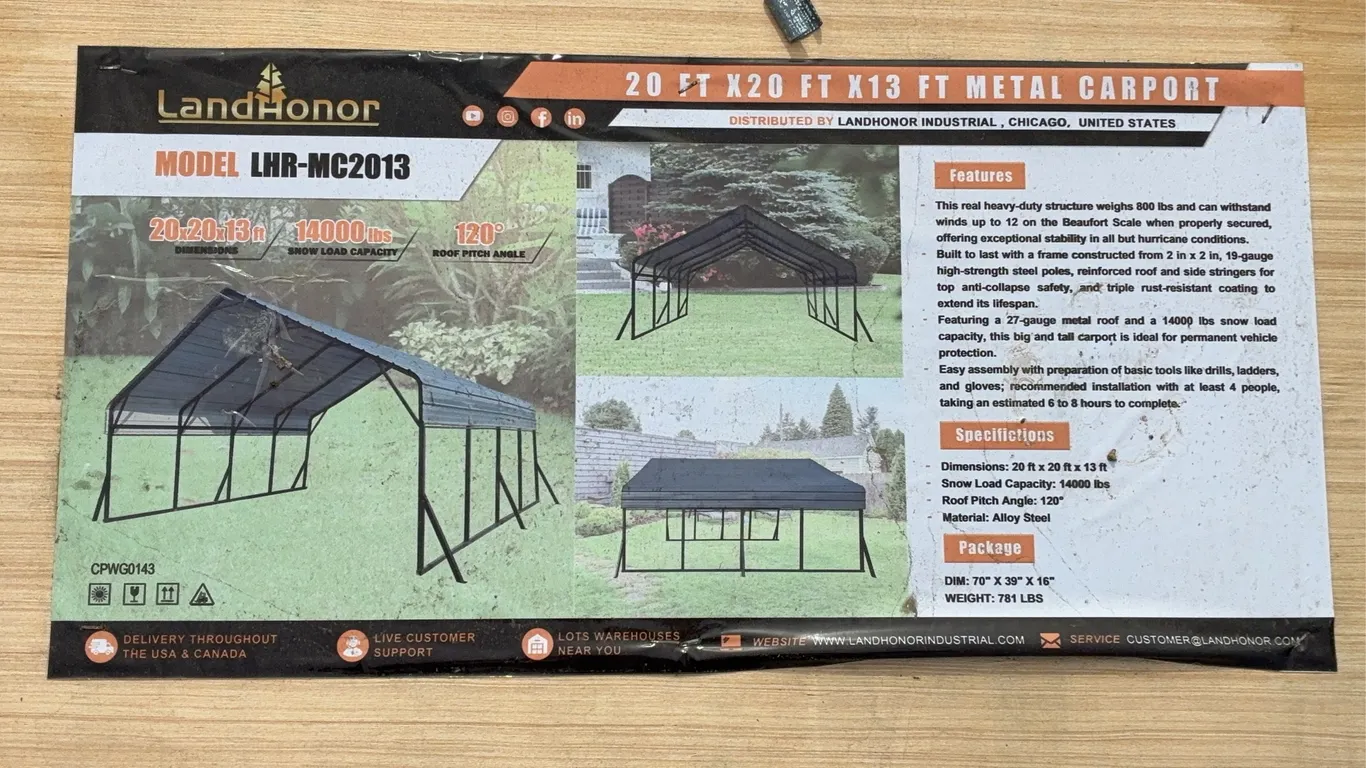 Landhonor 20x20x13 FT. Metal Carport Unused
