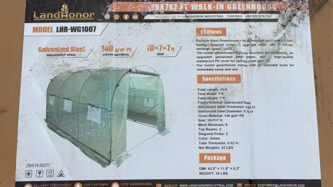 Landhonor 10x7x7 FT. Greenhouse Unused