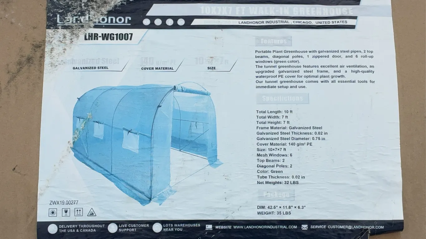 Landhonor 10x7x7 FT. Greenhouse Unused
