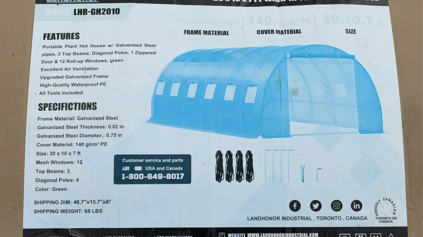 Landhonor 20x10x7 FT. Tunnel Greenhouse Unused