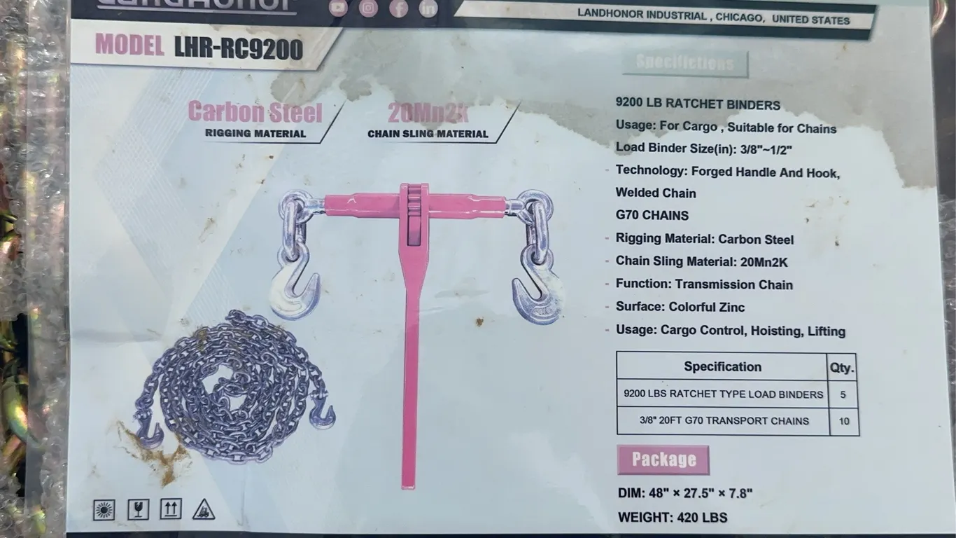 Landhonor 9200 LBS Ratchet Binders & G70 Chains Unused