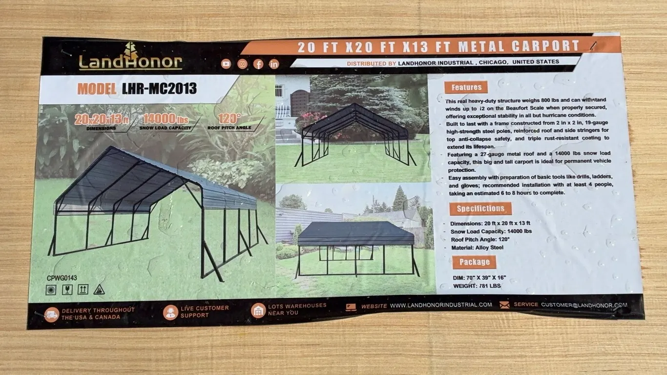 Landhonor 20 x 20 x 13 FT. Metal Carport Unused