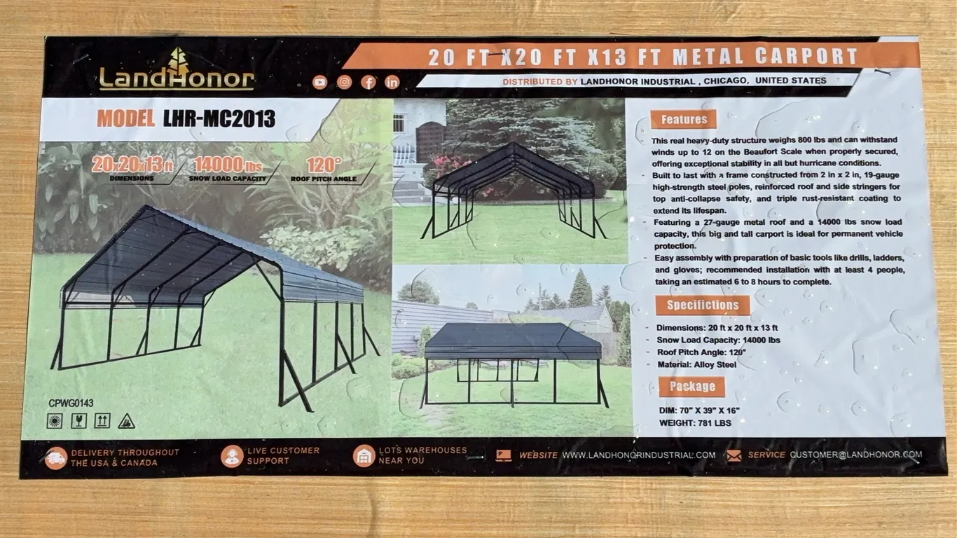 Landhonor 20 x 20 x 13 FT. Metal Carport Unused