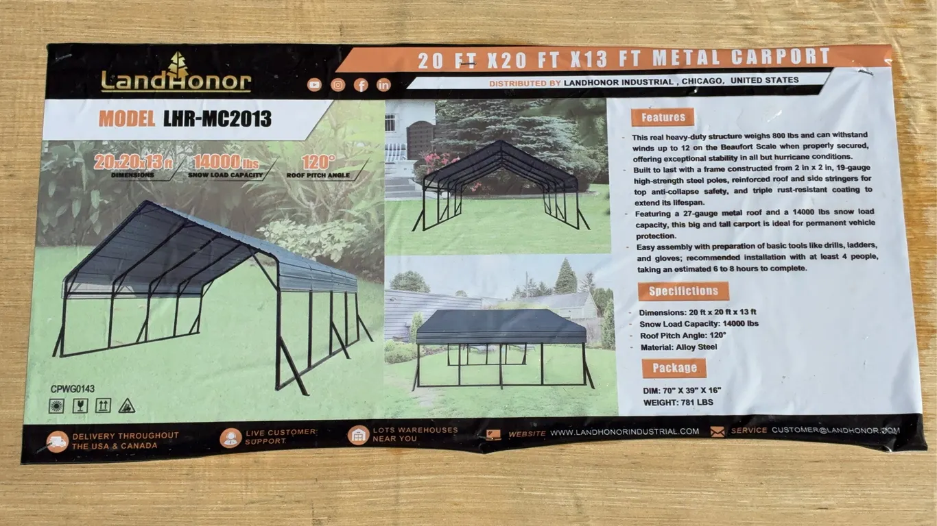 Landhonor 20 x 20 x 13 FT. Metal Carport Unused