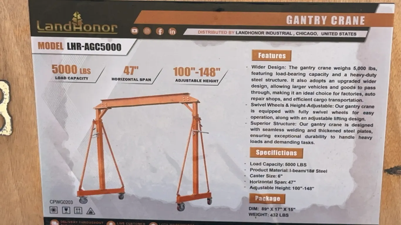 Landhonor 5000 LBS. Gantry Crane Unused