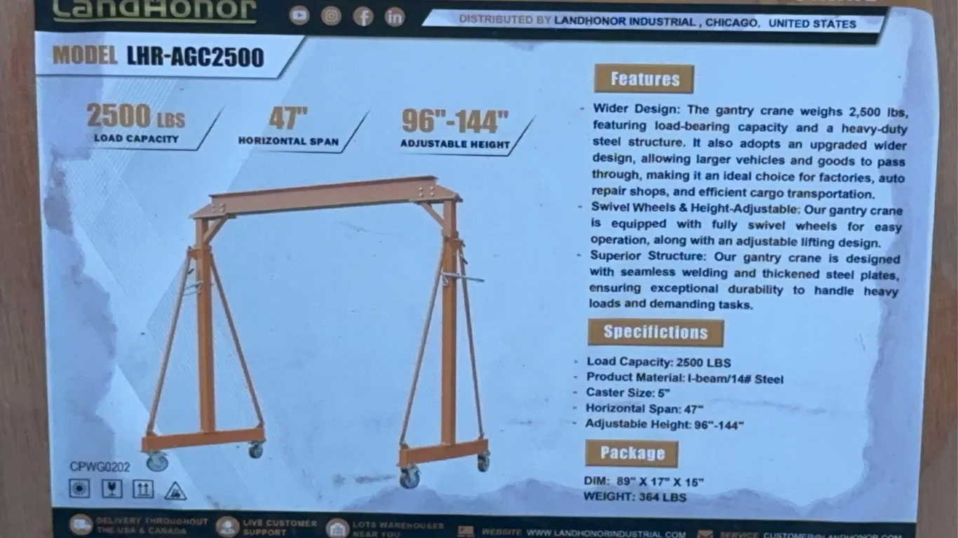 Landhonor 2500 LBS. Gantry Crane Unused