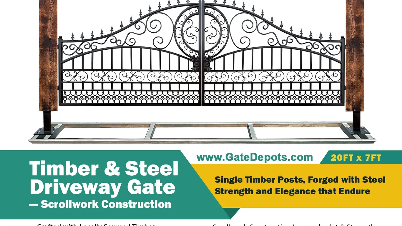2026 8 FT. X 20 FT. (Incl Posts) Timber & Steel Decorative Entry Gate Unused