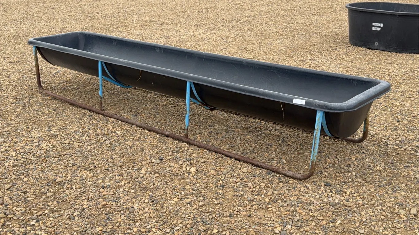 (1) - 11FT X 2FT Feeder with Stand, (1) 100 Gal. Water Trough