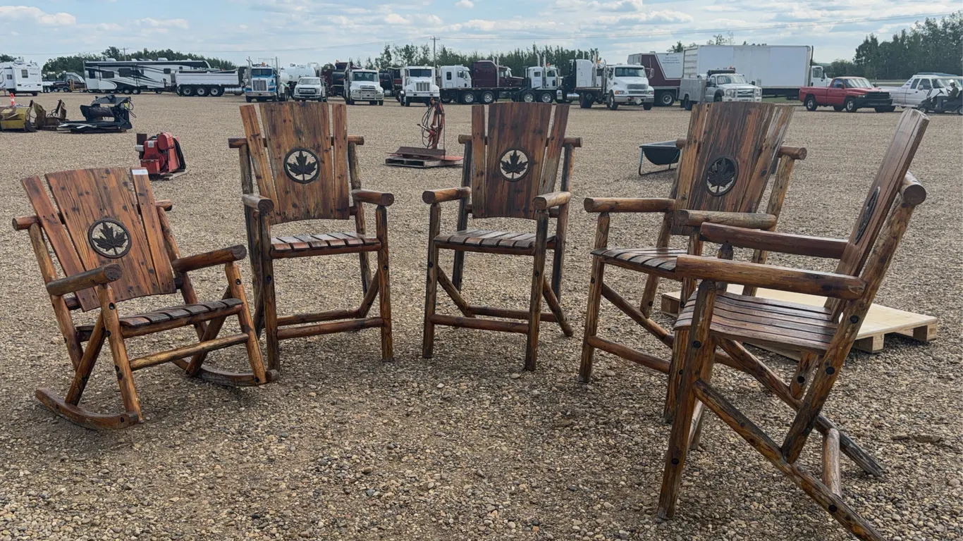 QTY of (4) Wooden Bar Style Deck Chairs, (1) Rocking Chair