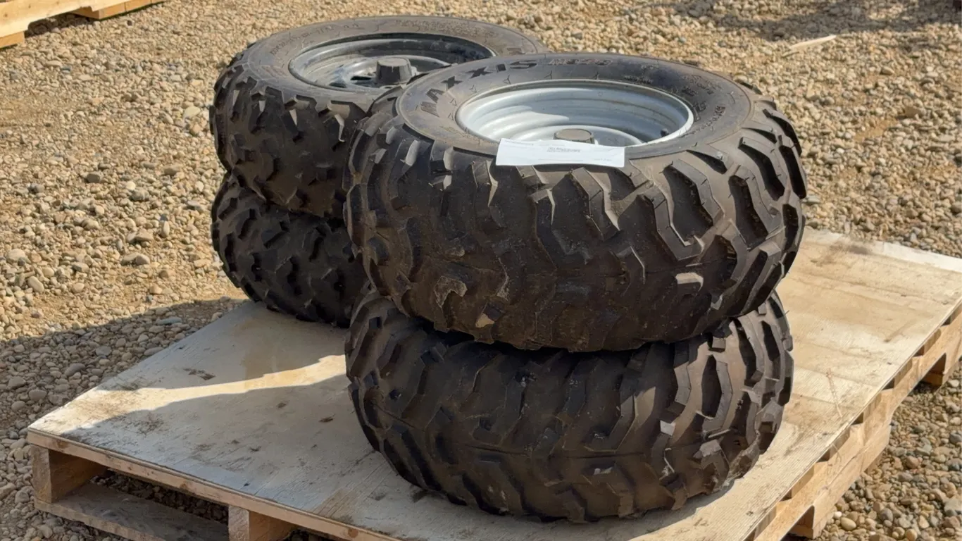 QTY of (2) Maxxis Quad Tires M978 AT 24X10-11, (2) Maxxis Quad Tire M977 AT24X8-12 with rims