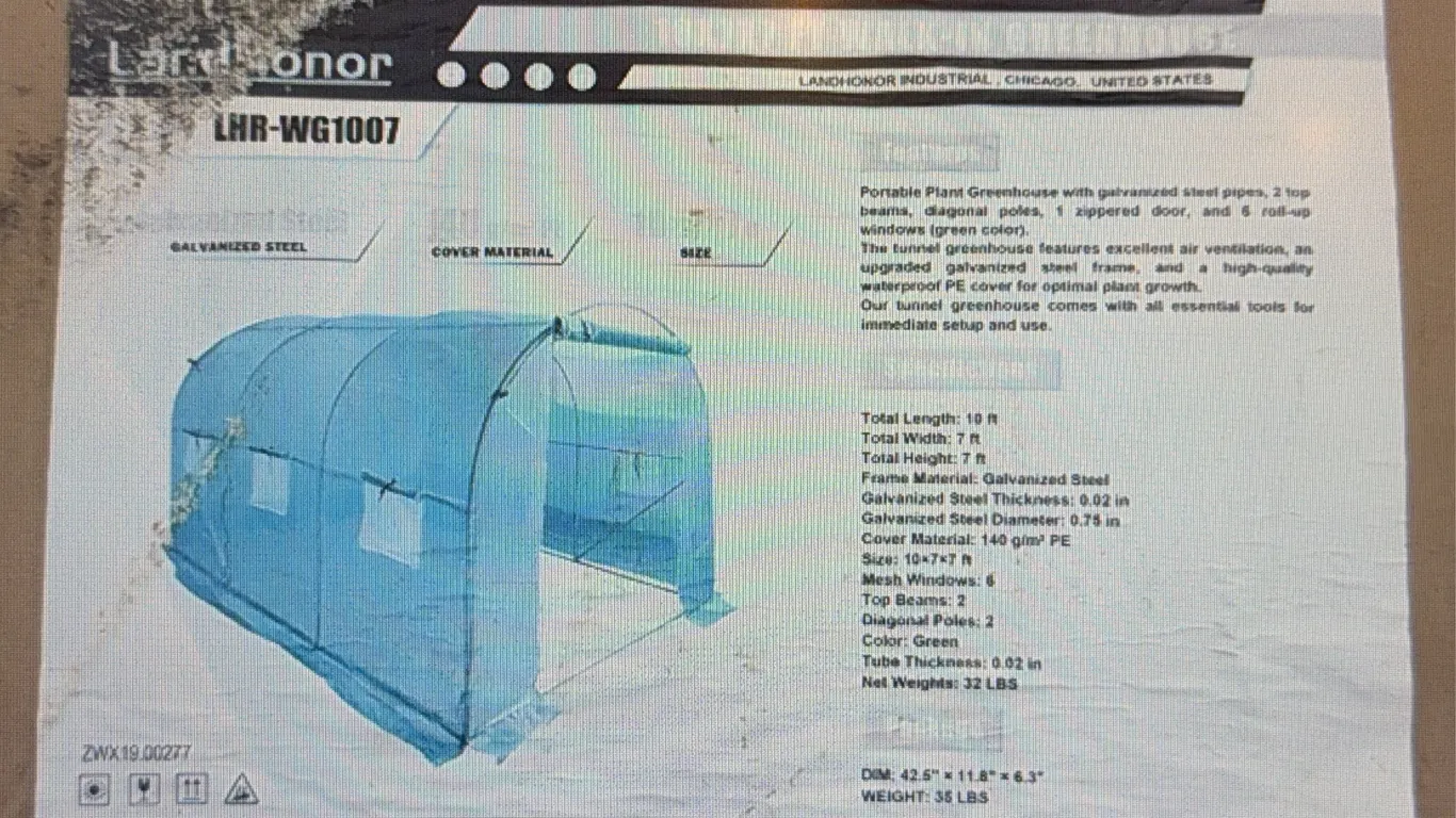 Landhonor 10x7x7 FT. Greenhouse Unused