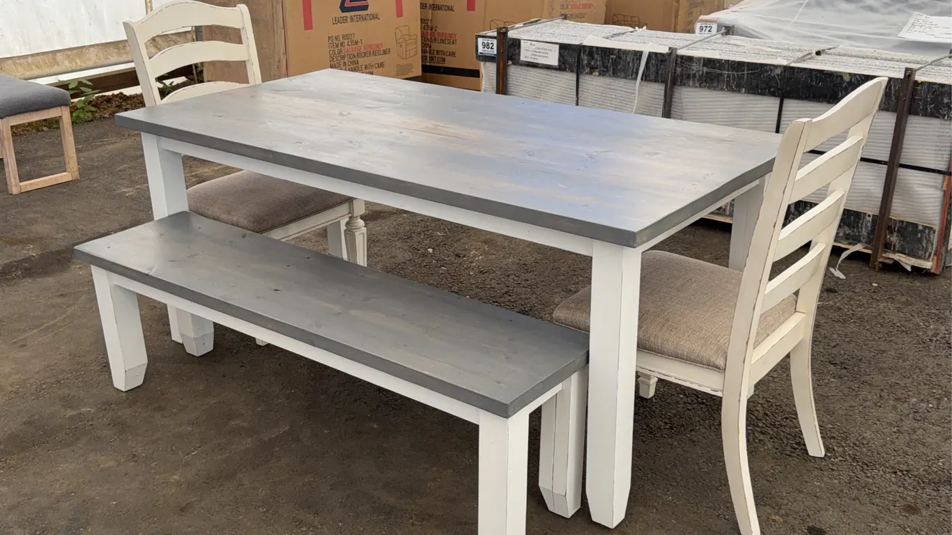 Custom Wooden Farmhouse-Style Dining Set Featuring 2 Chairs and Bench