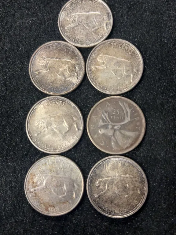 Seven Canadian Silver 25 Cent Pieces 1957–1967