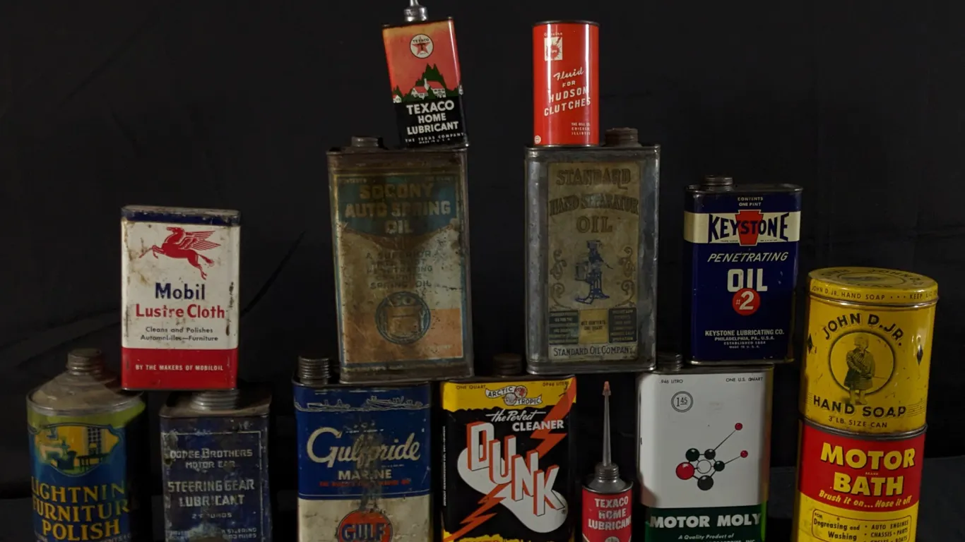 14 ASSORTED OIL CANS AND OTHER PRODUCTS DODGE BROTHERS HUDSON TEXACO SOCONY ETC