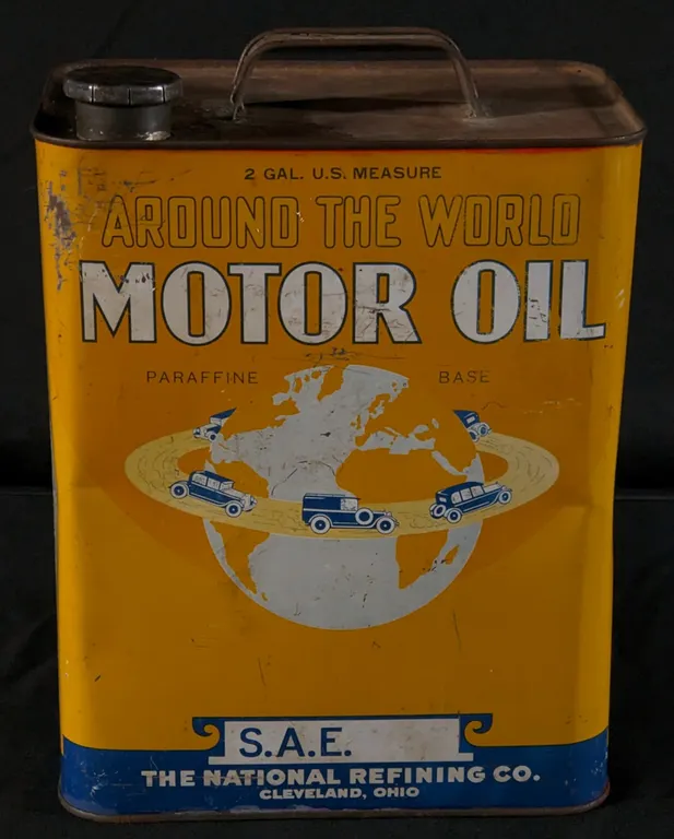 2 GAL CAN AROUND THE WORLD MOTOR OIL NATIONAL REFINING CLEVELAND OHIO
