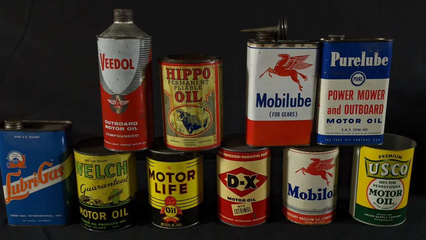 10 ASSORTED OIL CANS DX MOBIL HIPPO PURE VEEDOL WELCH USCO