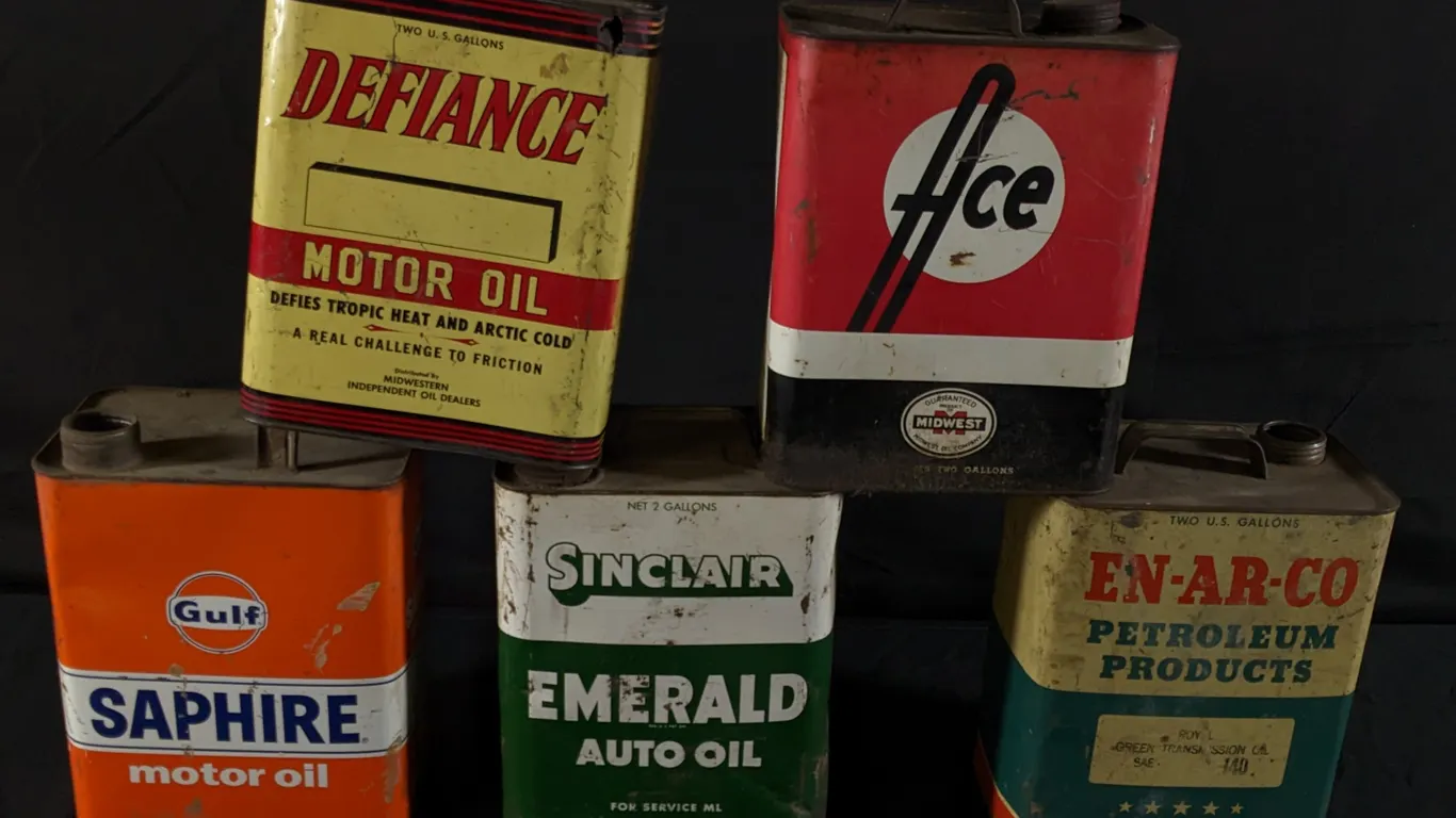 5 ASSORTED 2 GAL OIL CANS GULF SINCLAIR ACE DEFIANCE ENARCO